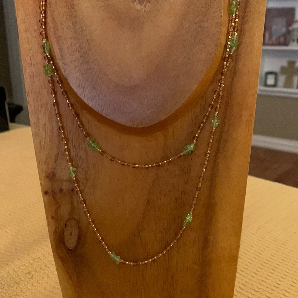 Beautiful long Hesonite Garnet and Peridot Necklace.  38” Hand Knotted